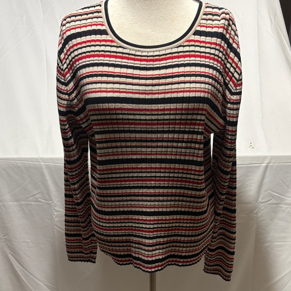 Pendleton Ribbed Scoop Neck Sweater in Cream, Black & Red Stripes